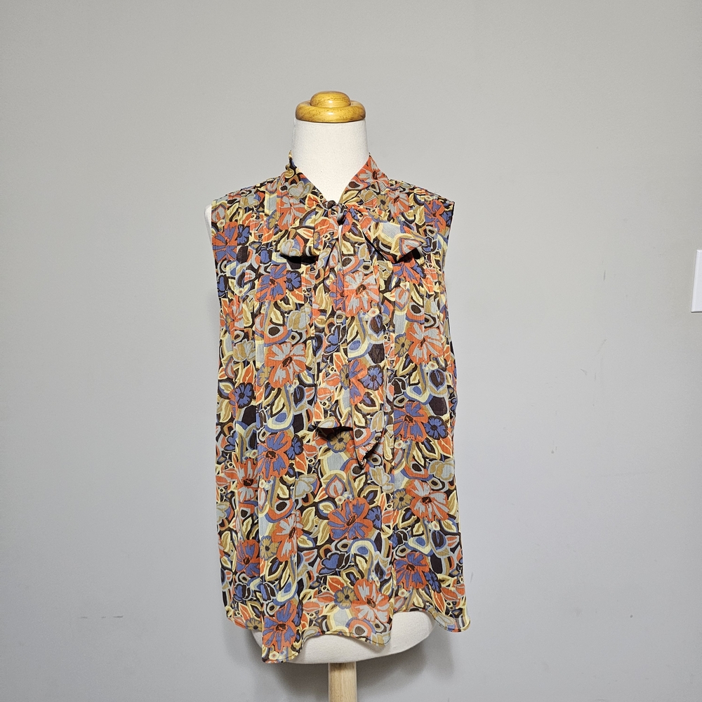 Emma James Retro Floral Bow Neck Sleeveless Blouse | Size M